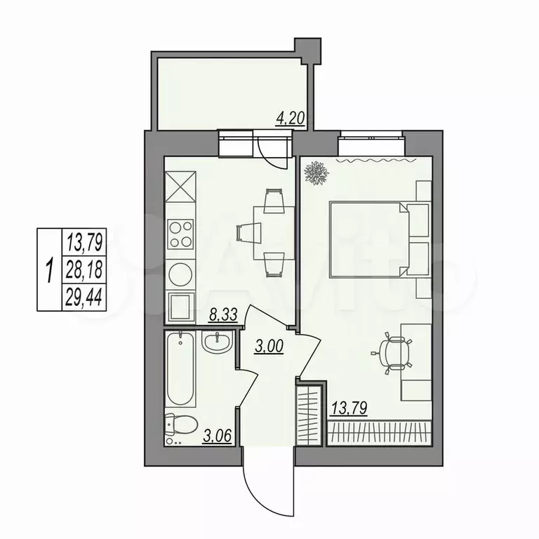1-к. квартира, 29,4 м, 4/7 эт. - Фото 0
