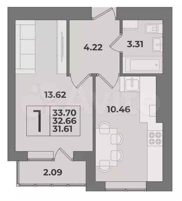 1-к. квартира, 32,7 м, 5/9 эт. - Фото 1
