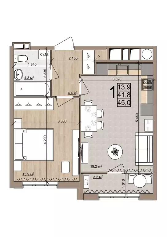 1-к квартира, 45 м - Фото 0