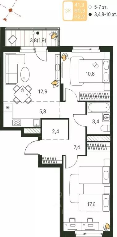Студия Пермский край, Пермь ул. Серебристая, 1 (62.2 м) - Фото 1