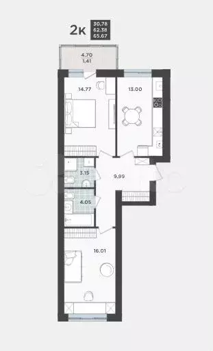2-к. квартира, 65,7 м, 1/9 эт. - Фото 1