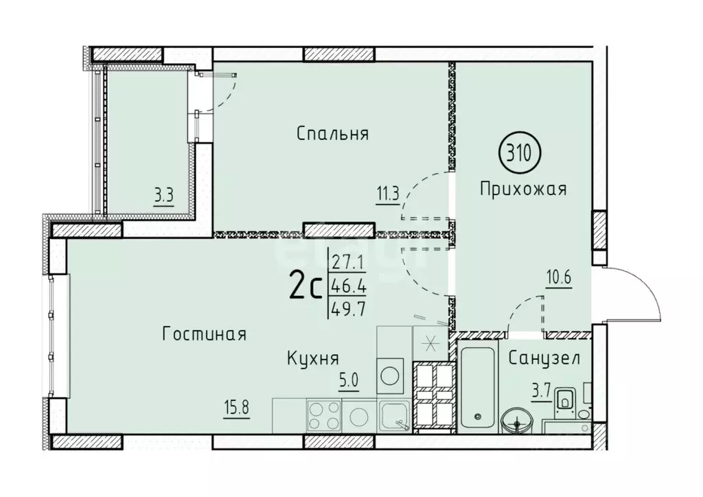 2-к кв. Саратовская область, Энгельс Энгельс-9 мкр, 2 (49.7 м) - Фото 2