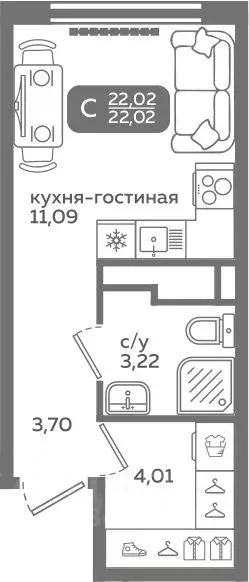 Студия Тюменская область, Тюмень ул. Заполярная, 9/2 (22.02 м) - Фото 0