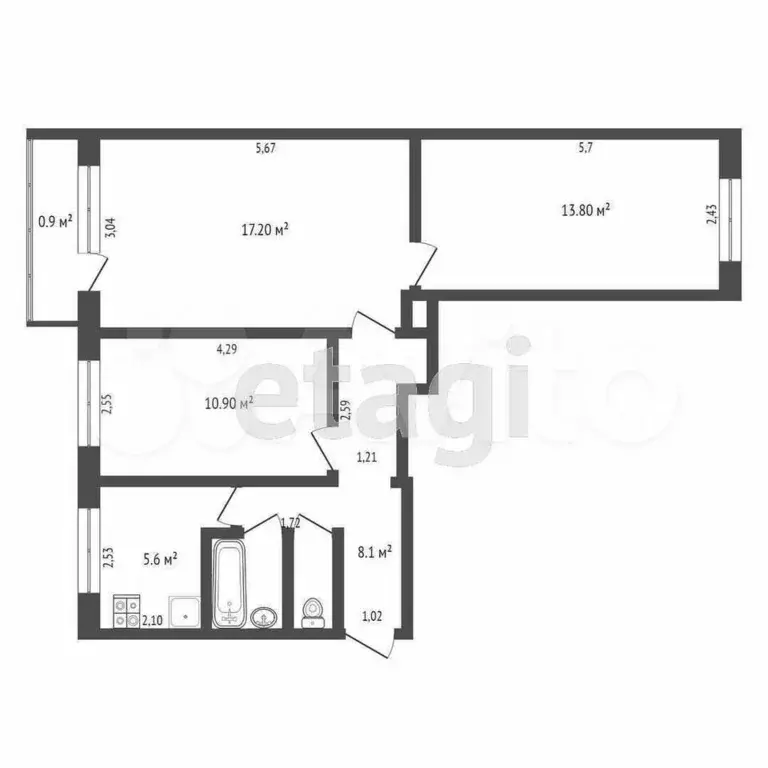 3-к. квартира, 58,8 м, 2/5 эт. - Фото 0