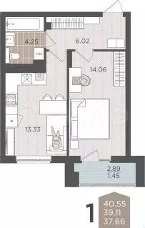 1-к. квартира, 39,1 м, 4/9 эт. - Фото 1