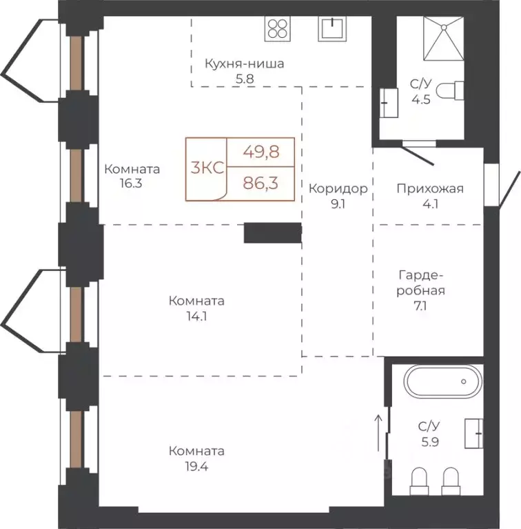 3-к кв. Алтайский край, Барнаул пл. Баварина, 8к2 (86.0 м) - Фото 1