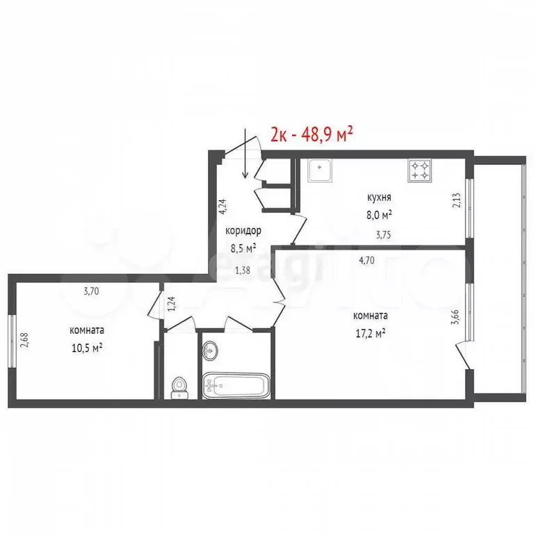 2-к. квартира, 48,9 м, 7/9 эт. - Фото 1