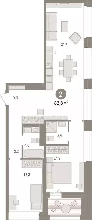 2-к. квартира, 82,8м, 6/8эт. - Фото 1