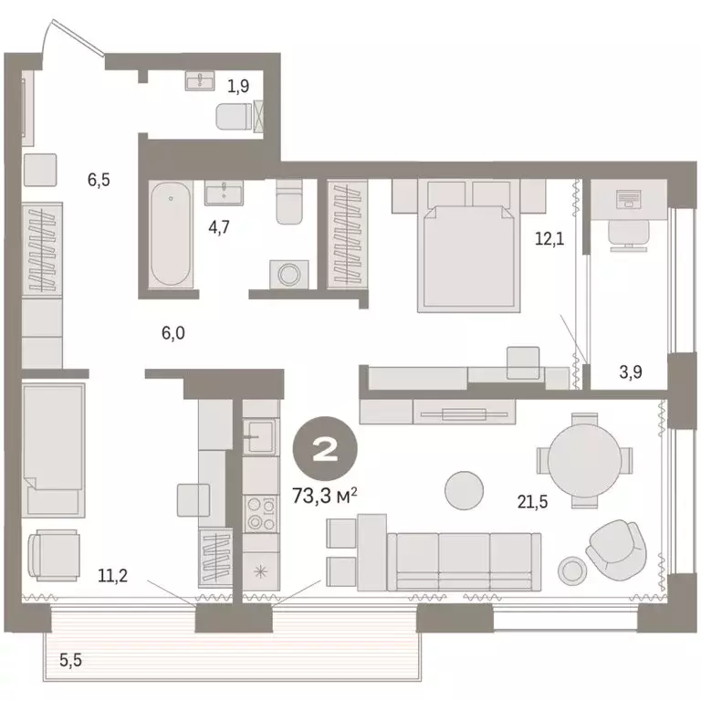 2-комнатная квартира: Тюмень, Краснооктябрьская улица, 4 (73.27 м) - Фото 1
