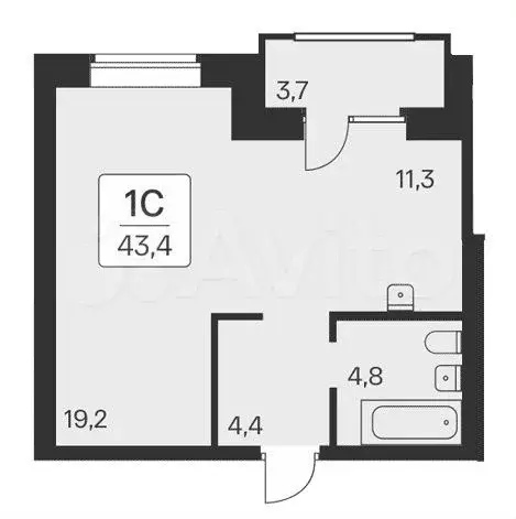 1-к. квартира, 43,4 м, 2/11 эт. - Фото 0