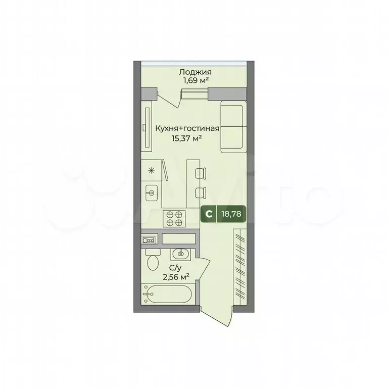 Квартира-студия, 18,8 м, 1/10 эт. - Фото 0