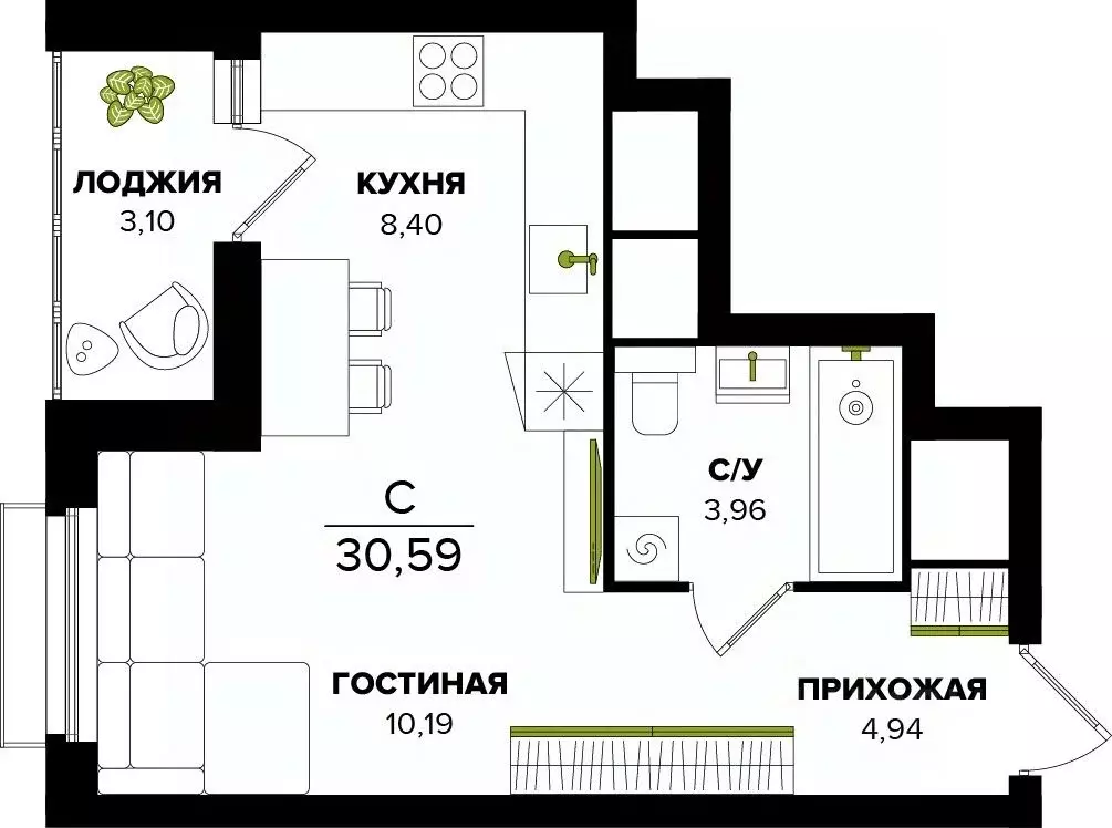 Студия Тульская область, Тула  (30.59 м) - Фото 0