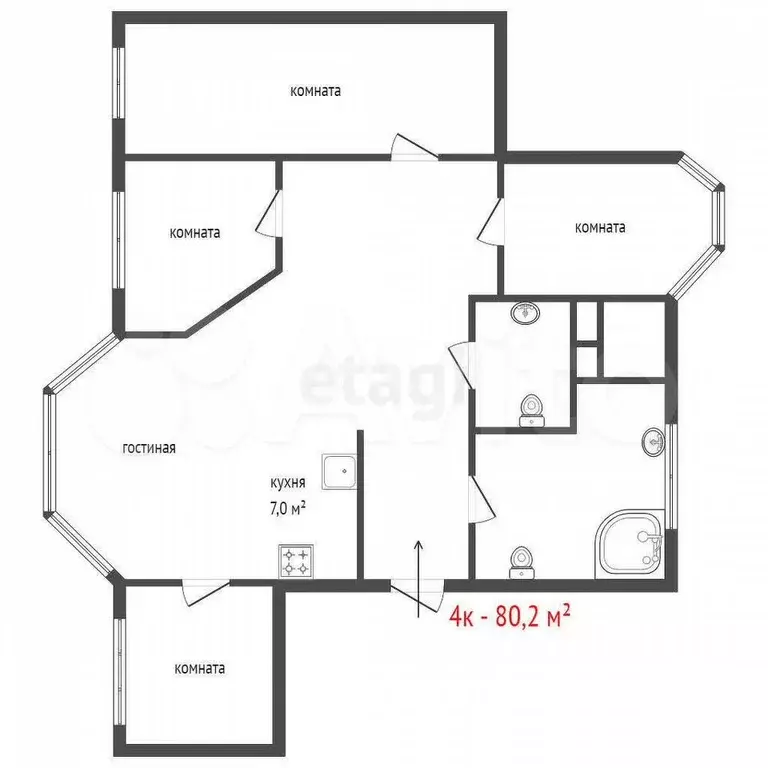 4-к. квартира, 80,2 м, 2/8 эт. - Фото 1