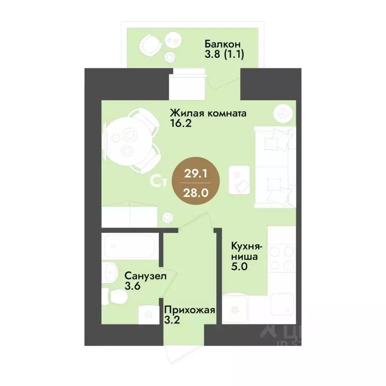 Студия Вологодская область, Вологда ул. Преображенского (29.1 м) - Фото 1