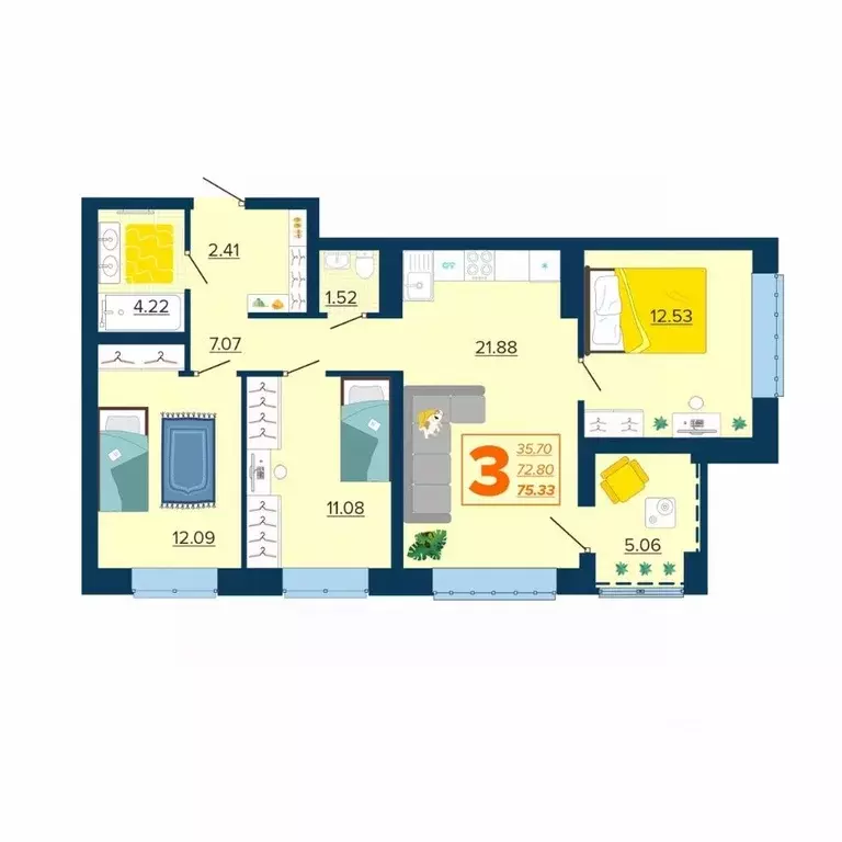 3-к кв. Брянская область, Брянск Московский мкр, Микрорайон Акватория ... - Фото 1