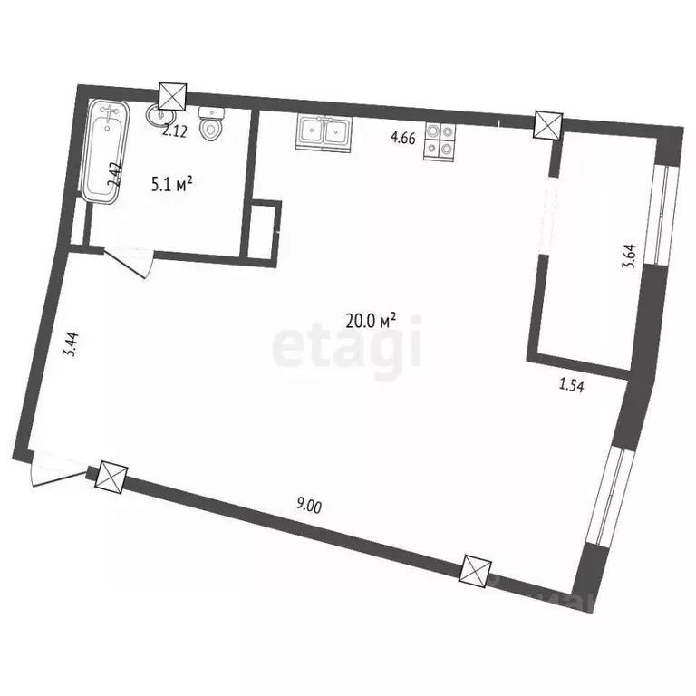 Студия Тюменская область, Тюмень Профсоюзная ул., 56 (50.2 м) - Фото 1