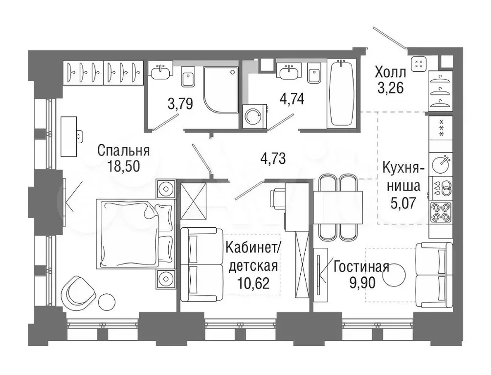 2-к. квартира, 60,1 м, 21/36 эт. - Фото 0