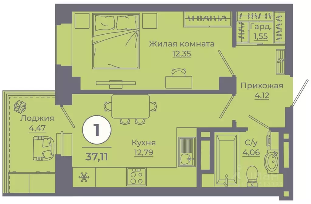 1-к кв. Ростовская область, Ростов-на-Дону ул. Еременко, 113 (36.85 м) - Фото 1