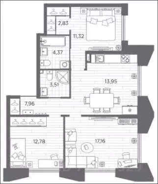 Квартира, 3 комнаты, 73.88 м - Фото 1
