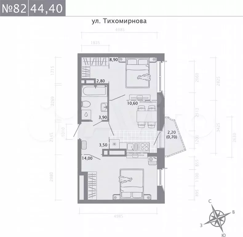 2-к. квартира, 44,4 м, 4/5 эт. - Фото 0