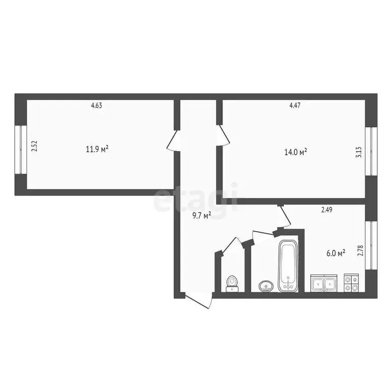 2-комнатная квартира: посёлок Ингаир, 1 (44.8 м) - Фото 1