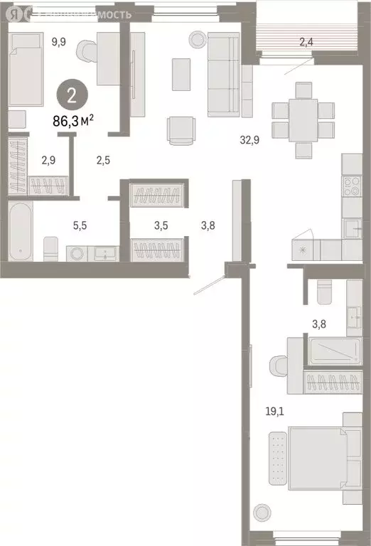 2-комнатная квартира: Тюмень, Мысовская улица, 26к2 (86.33 м) - Фото 1