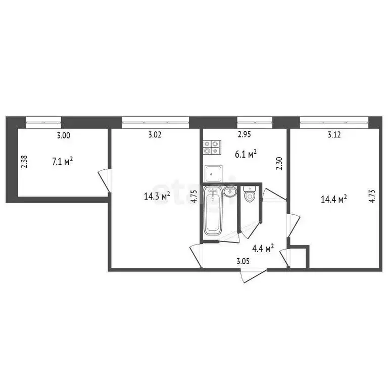 3-комнатная квартира: Дубовая Роща, Цветочная улица, 17 (49 м) - Фото 1