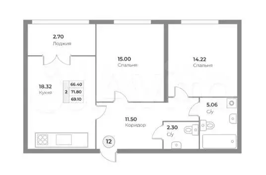 2-к. квартира, 69,1 м, 3/4 эт. - Фото 1