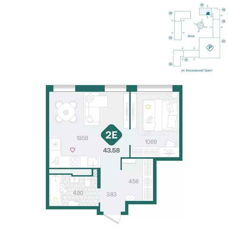 2-комнатная квартира: Тюмень, жилой комплекс Сибирский (43.58 м) - Фото 1