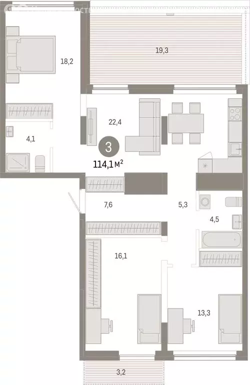 3-комнатная квартира: Новосибирск, Большевистская улица, с48 (114.09 ... - Фото 0
