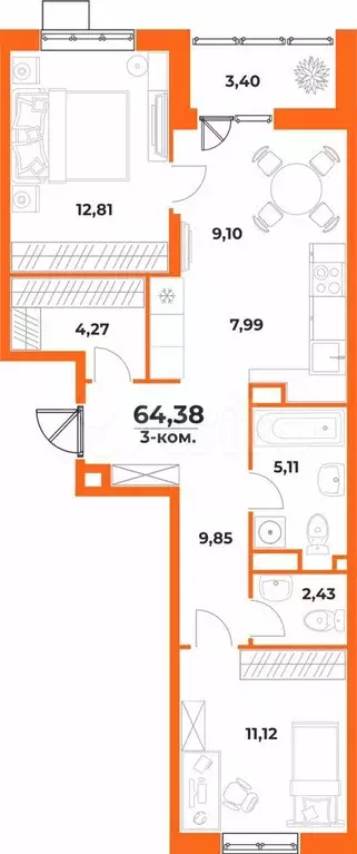 3-к. квартира, 64,4 м, 4/10 эт. - Фото 0