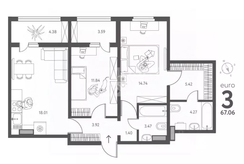 2-к кв. Липецкая область, Липецк Ленина-Соборная пл. (67.06 м) - Фото 2