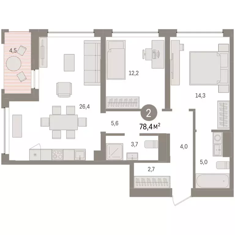 2-комнатная квартира: Тюмень, ЖК Дом у Озера (78.37 м) - Фото 1
