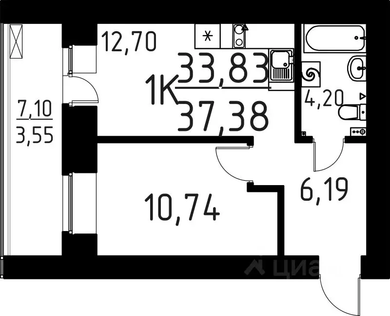 1-к кв. Томская область, Томск ул. Вершинина, 58к1 (37.38 м) - Фото 0