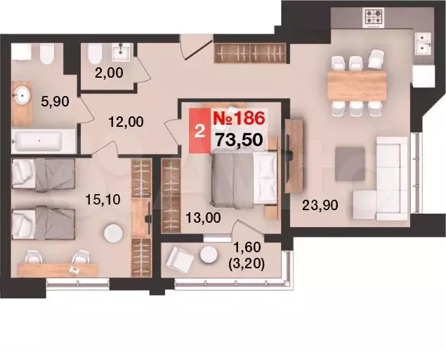 2-к. квартира, 73,5 м, 14/15 эт. - Фото 1