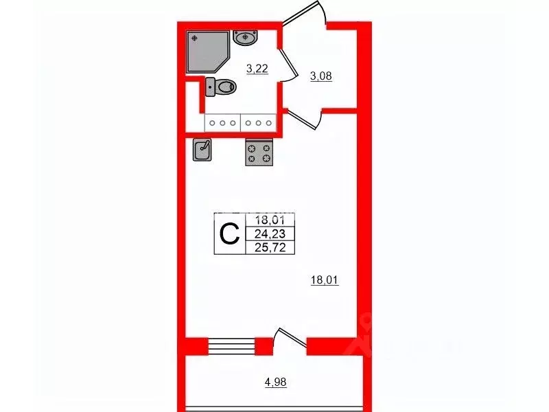 Студия Санкт-Петербург ул. Летчика Лихолетова, 14к2 (25.72 м) - Фото 1