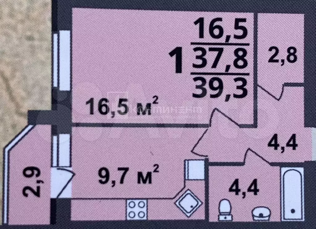 1-к. квартира, 39,3 м, 4/5 эт. - Фото 0