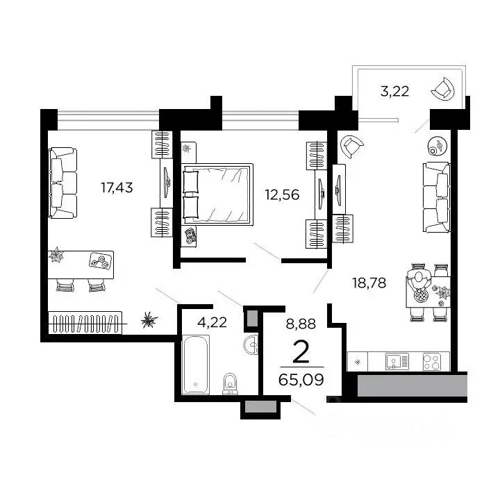 2-к кв. Рязанская область, Рязань ул. 1-я Железнодорожная (65.09 м) - Фото 1