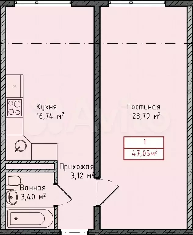 1-к. квартира, 47,1 м, 6/8 эт. - Фото 1