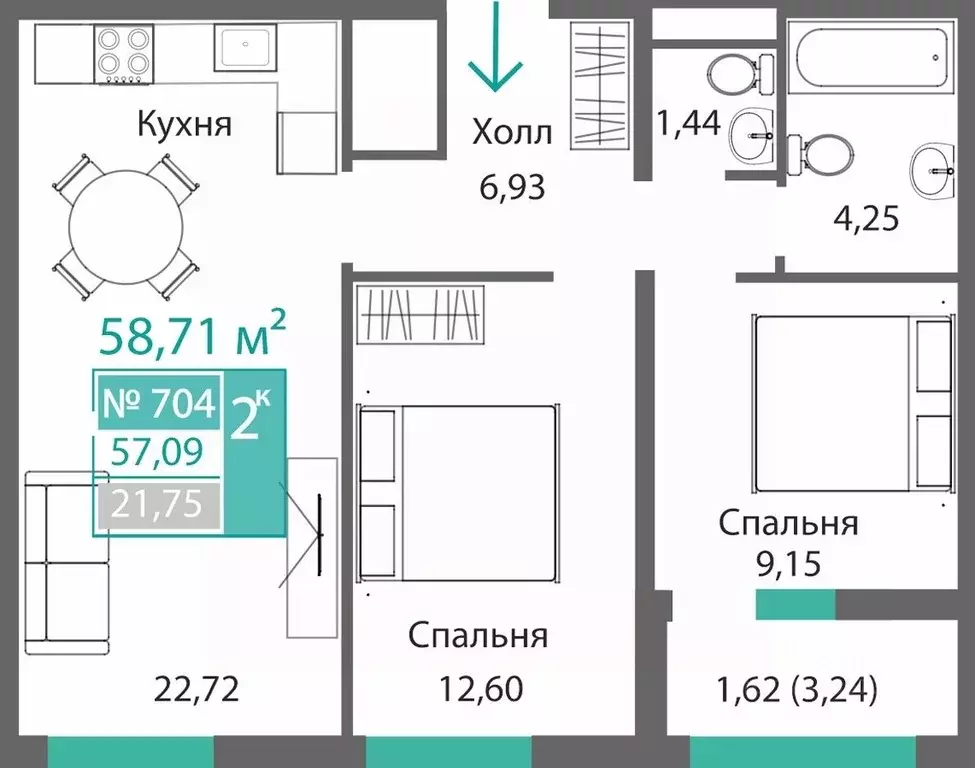 2-к кв. Крым, Симферополь Крымская роза мкр,  (58.71 м) - Фото 0