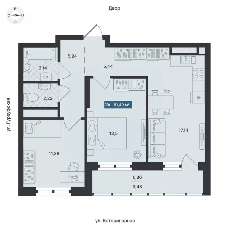 2-к кв. Свердловская область, Екатеринбург ул. Ветеринарная (61.49 м) - Фото 0