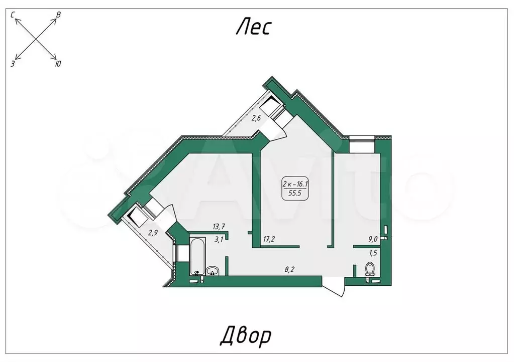 2-к. квартира, 54,8 м, 4/9 эт. - Фото 0