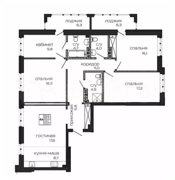 4-к. квартира, 130 м, 7/17 эт. - Фото 1