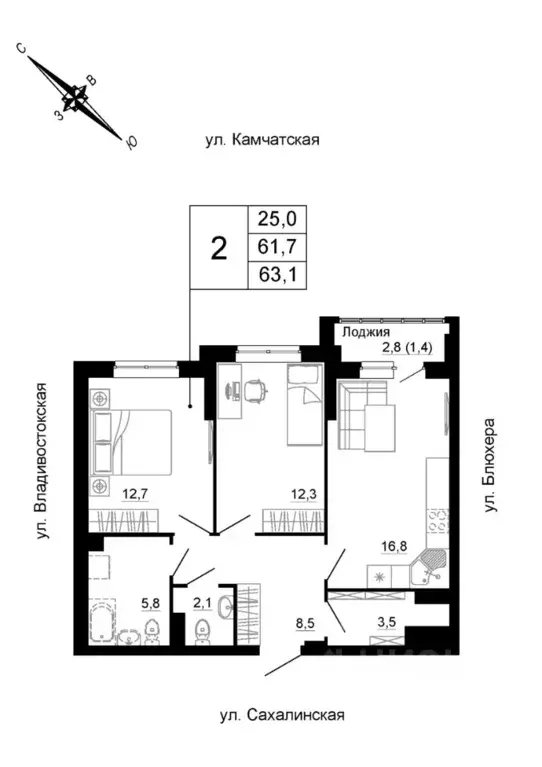 2-к кв. Свердловская область, Екатеринбург ул. Кронштадтская (63.1 м) - Фото 1