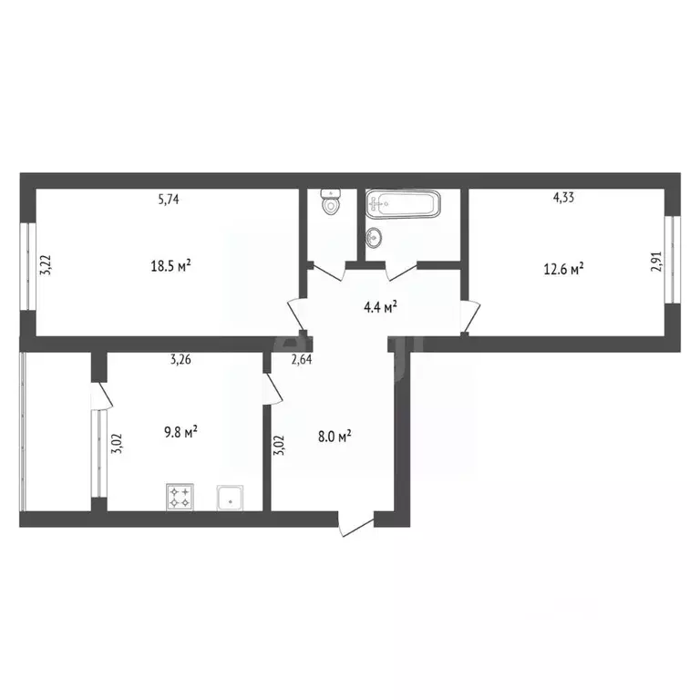 2-к кв. Амурская область, Благовещенск Октябрьская ул., 90 (60.1 м) - Фото 0