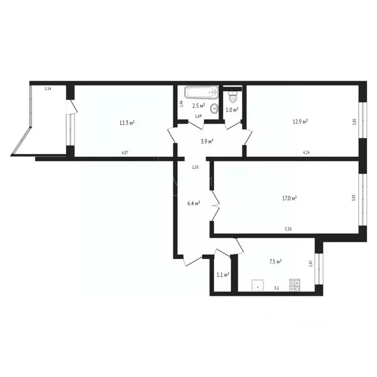 3-к кв. Тюменская область, Тюмень ул. Пермякова, 25 (65.1 м) - Фото 2