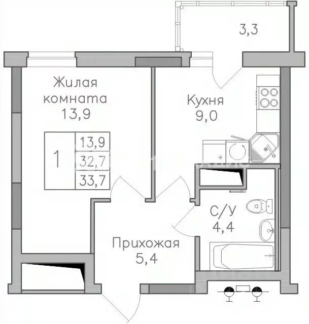 1-к кв. Воронежская область, Воронеж Поколение жилой комплекс (33.8 м) - Фото 2