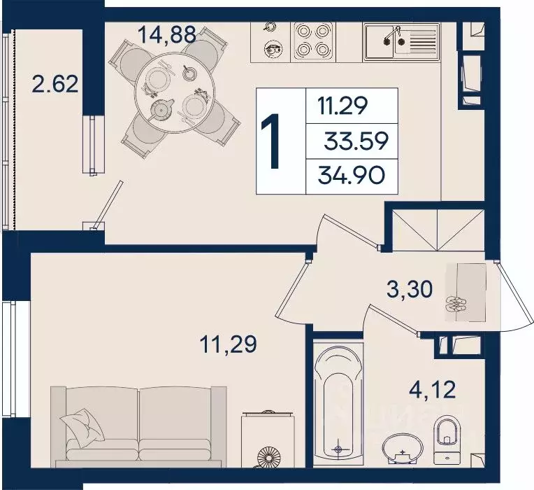 1-к кв. Краснодарский край, Краснодар  (34.9 м) - Фото 1