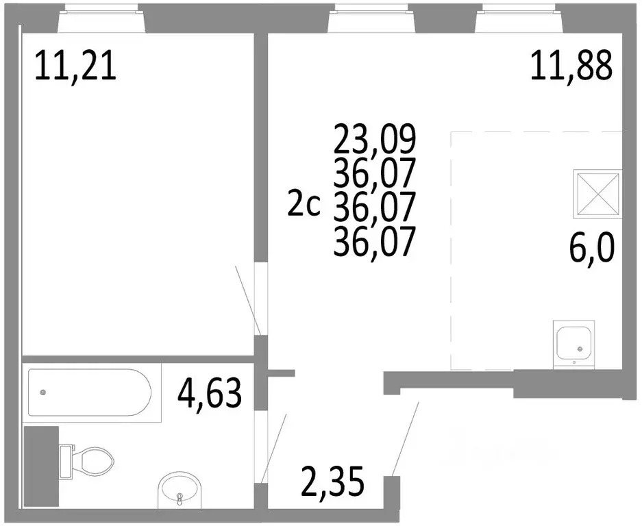 2-к кв. Челябинская область, Челябинск ул. Блюхера, 125В (36.07 м) - Фото 0