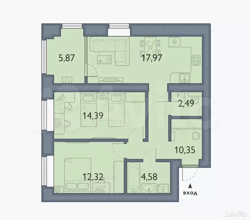 2-к. квартира, 68 м, 5/8 эт. - Фото 1